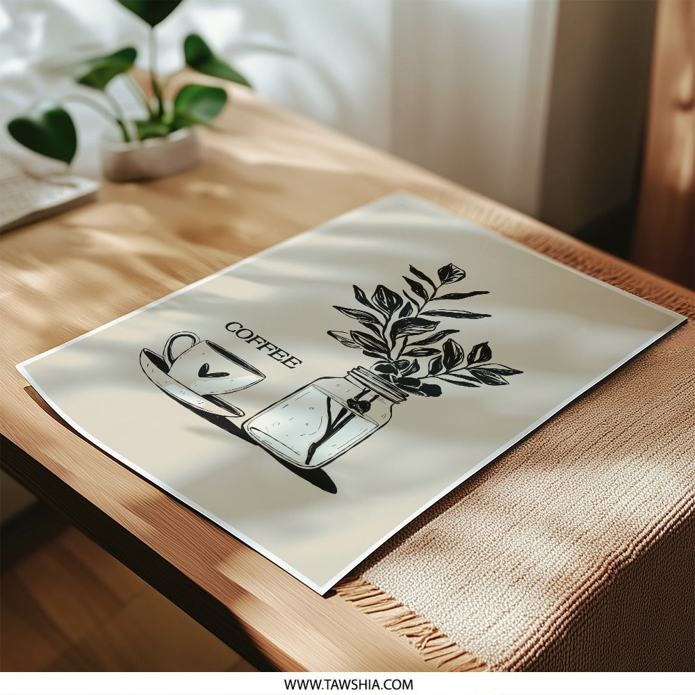 Coffee and Plant Photographic Print, Kitchen Art Print, Neutral Wall Decor, Coffee Lover Gift, Botanical Art Print - Tawshia