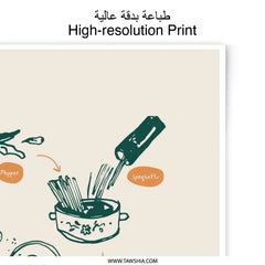 Pasta Time Photographic Print, Kitchen Art Print, Foodie Gift, Spaghetti Illustration, Home Decor, Restaurant Wall Art - Tawshia