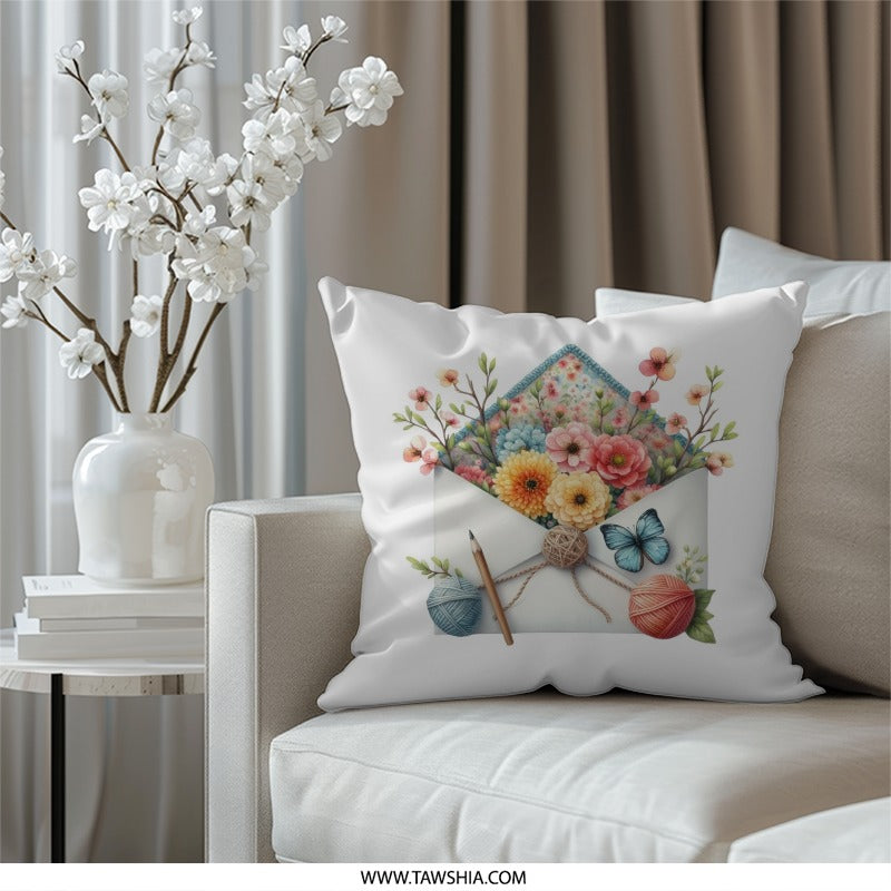Floral Envelope Pillow, Butterfly Pillow, Flower Letter Pillow, Yarn and Pencil Pillow, Home Decor Pillow, Couch Pillow, Accent Pillow - Tawshia