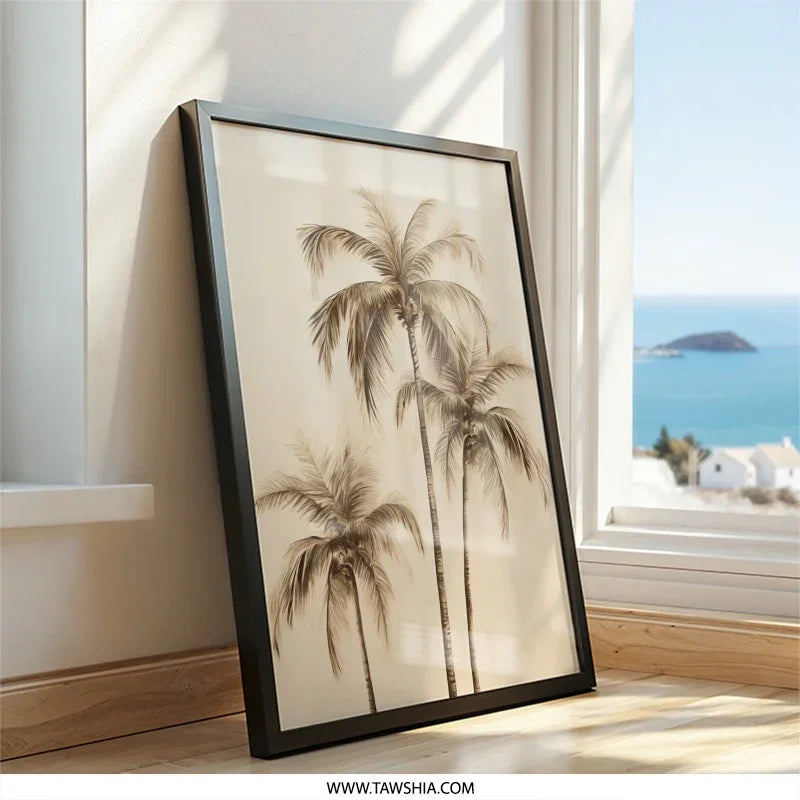 Tropical Palm Tree Wall Art, Coastal Decor, Beach House Art Print, Neutral Tone Print, Sepia Palms Wall Decor, Framed Palm Tree Art - Tawshia