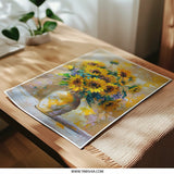 Sunflower Photographic Print, Floral Art, Vase Painting, Yellow Flowers, Botanical Wall Decor, Impressionist Style Art - Tawshia