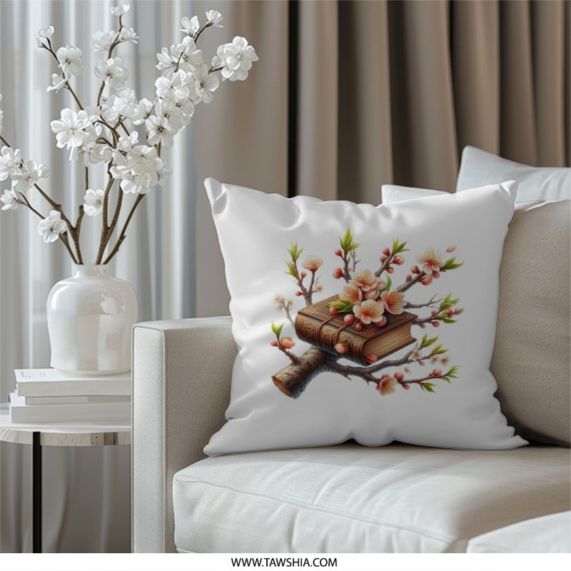 Book Pillow, Floral Pillow, Tree Branch Pillow, Unique Home Decor Pillow, Spring Blossom Pillow, Reading Nook Pillow, Literary Gift Pillow - Tawshia