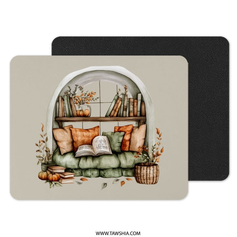 Cozy Window Seat Mouse Pad, Autumn Reading Nook Desk Decor, Fall Aesthetic Mousepad, Pumpkin and Books Office Accessory - Tawshia