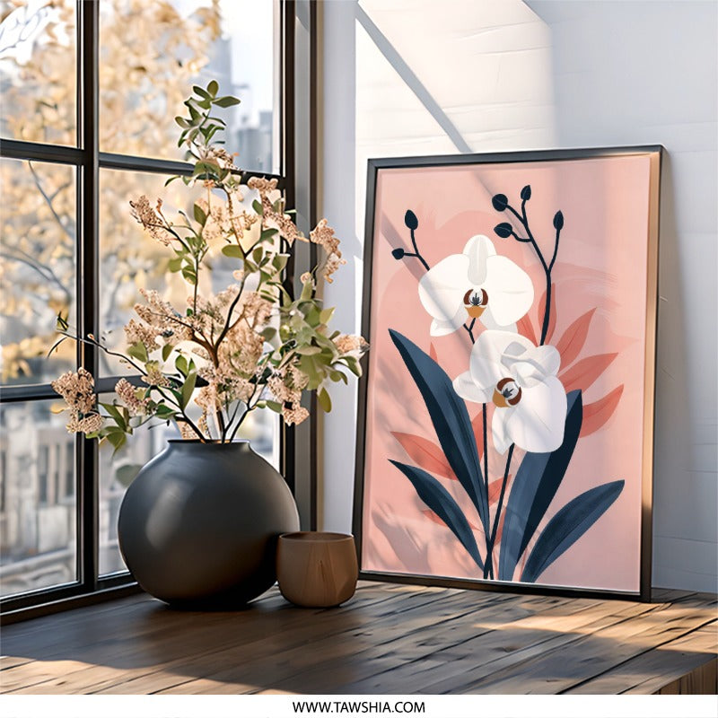 White Orchid Wall Art, Floral Print, Botanical Illustration, Minimalist Home Decor, Modern Art Print, Nature Inspired Wall Decor - Tawshia