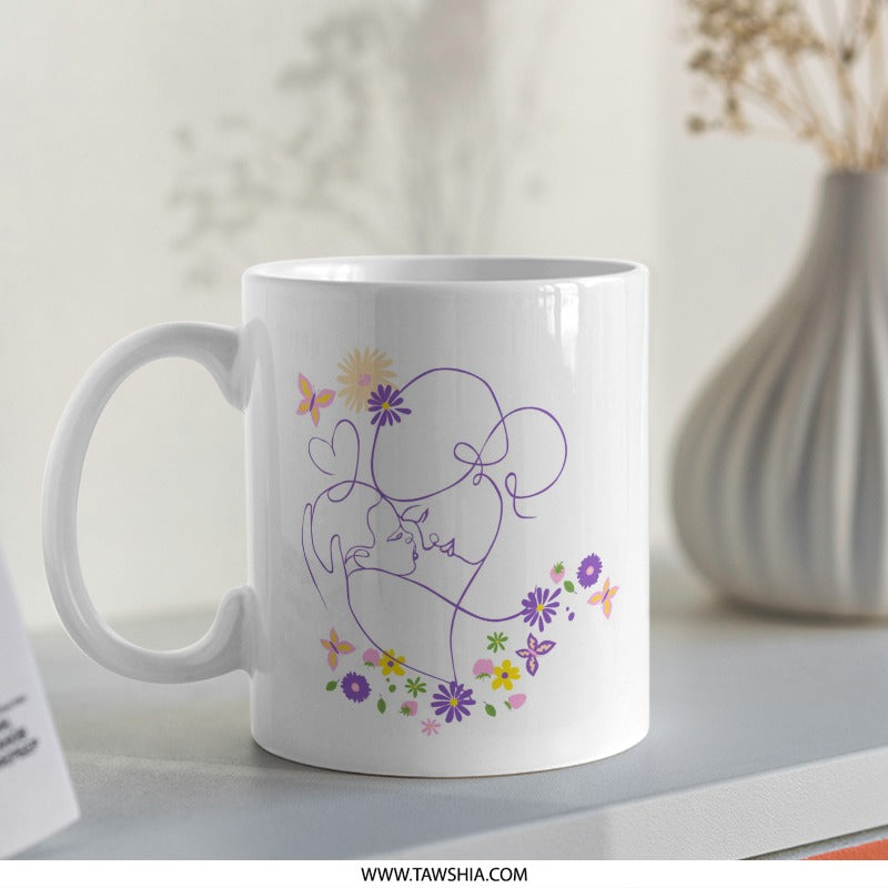 Mother and Child Mug, Floral Line Art, Butterfly Mug, Cute Coffee Cup, Minimalist Mug, Unique Gifts, Gift for Her, Mom Gift, Floral Mug - Tawshia