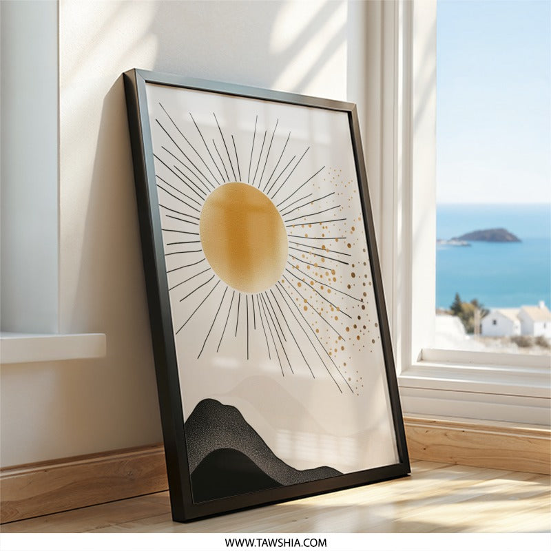 Minimalist Sun Wall Art, Boho Landscape Print, Abstract Mountain Scenery, Celestial Wall Decor, Modern Home Art, Living Room Decor - Tawshia