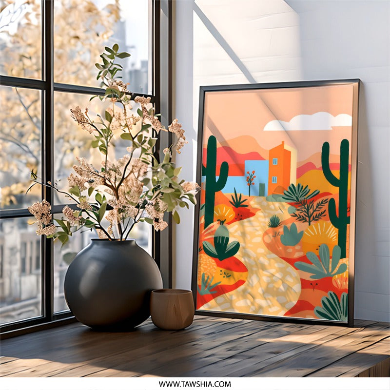 Desert Landscape Wall Art, Colorful Southwestern Print, Cactus Home Decor, Modern Desert Art Print, Desert House Wall Art - Tawshia