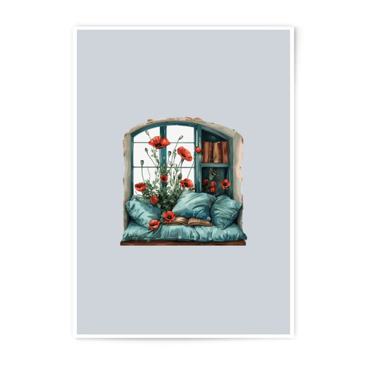Window Seat Photographic Print, Poppies, Books, Cozy Nook Art, Reading Corner Decor, Dreamy Still Life Print, Home Decor Artwork - Tawshia