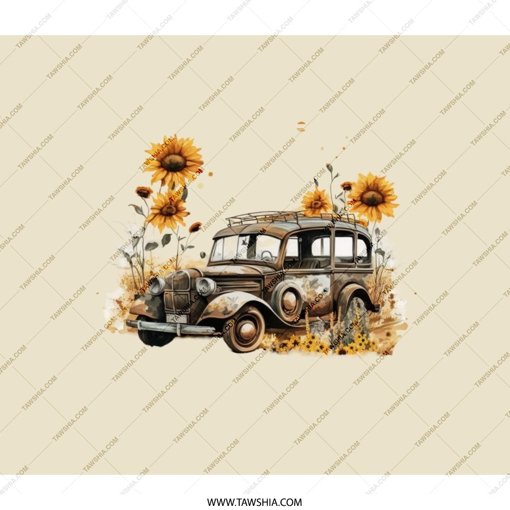 Vintage Car Sunflower BackPack, Rustic Auto Backpack, Floral Vehicle Travel Bag, Unique Design Back Pack, Gift Idea, Travel Backpack - Tawshia