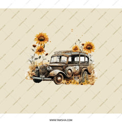 Vintage Car Sunflower BackPack, Rustic Auto Backpack, Floral Vehicle Travel Bag, Unique Design Back Pack, Gift Idea, Travel Backpack - Tawshia