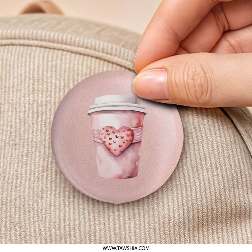 Pink Coffee Heart Pinback Button, Valentine's Day Gift, Cute Coffee Lover Button, Aesthetic Badge, Unique Gift for Friend, Trendy Button - Tawshia