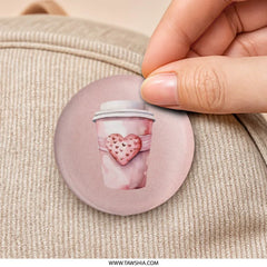 Pink Coffee Heart Pinback Button, Valentine's Day Gift, Cute Coffee Lover Button, Aesthetic Badge, Unique Gift for Friend, Trendy Button - Tawshia
