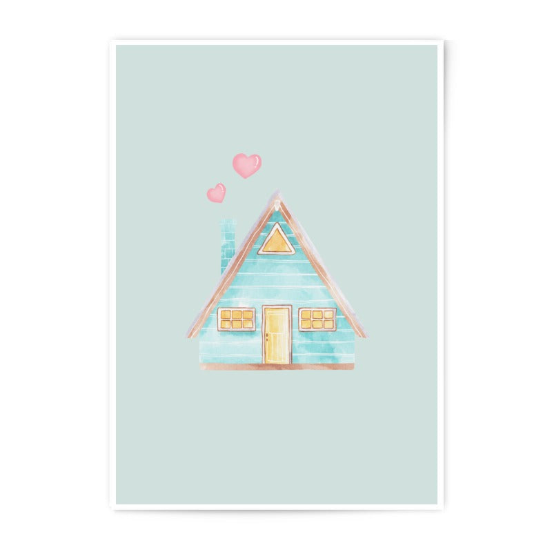 Watercolor House Photographic Prints, Cute Home Art, A Frame Cabin Prints, Home with Hearts, Whimsical Decor, Childrens Wall Art - Tawshia