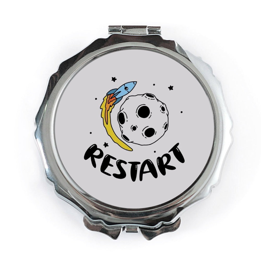 Restart Pocket Mirror, Rocket and Moon Travel Mirror, Funny Quote Compact Mirror, Unique Portable Mirror, Gift for Space Lovers - Tawshia