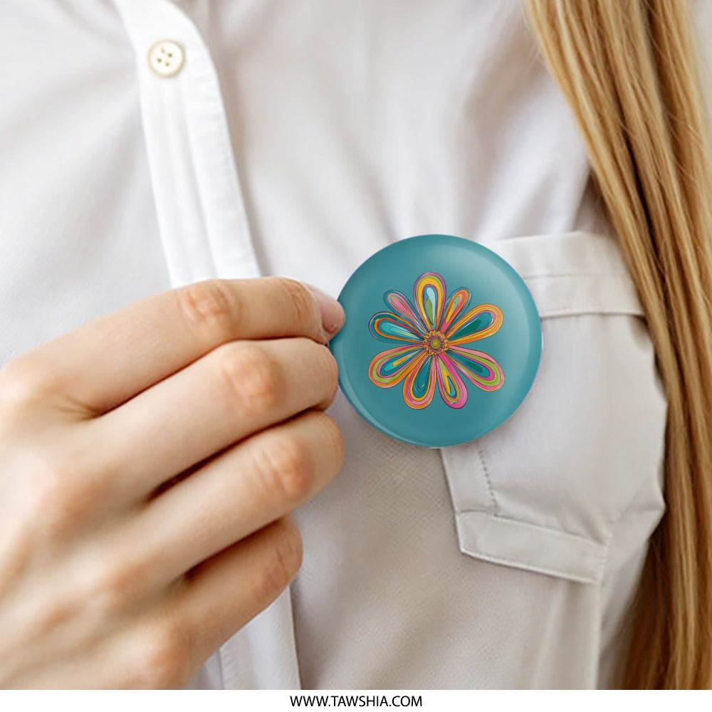 Groovy Flower Pinback Button, 70s Style Floral Button, Colorful Retro Flower Power Button, Funky Teal Flower Pinback Button - Tawshia