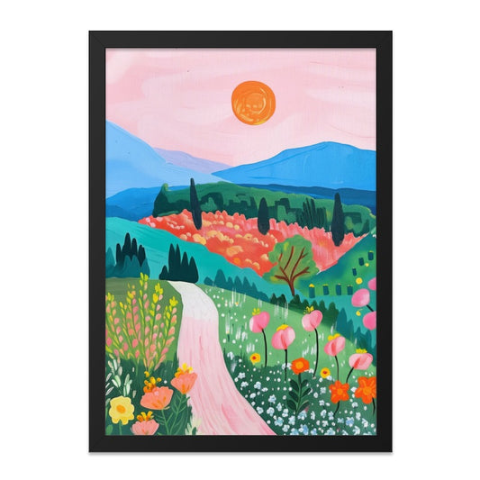 Pink Road Landscape Wall Art, Vibrant Floral Painting, Colorful Hillside Art Print, Sunny Day Decor, Whimsical Scenery Artwork, Home Decor - Tawshia