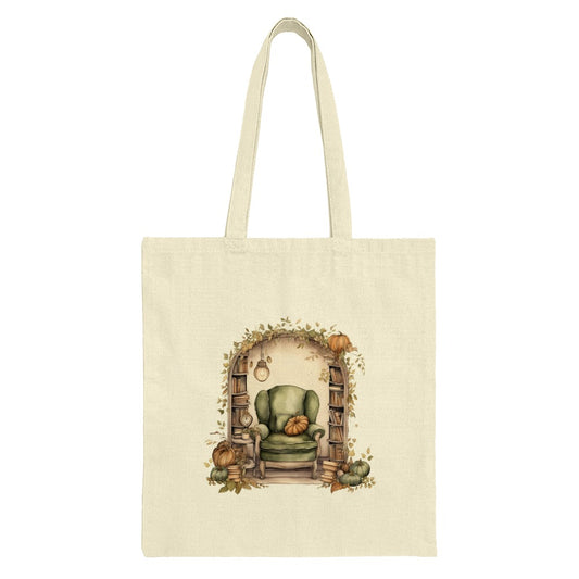 Autumn Reading Nook Tote Bag, Cozy Fall Tote, Book Lover Gift Tote, Library Scene Tote Bag, Pumpkin Decor Tote, Vintage Style Tote Bag - Tawshia