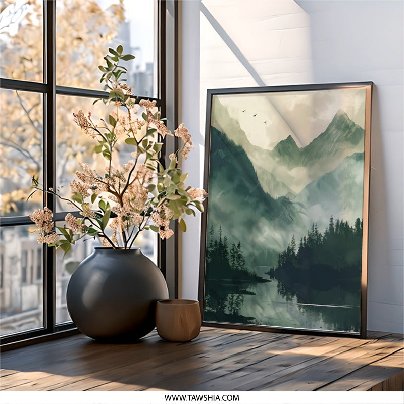 Misty Mountain Wall Art, Landscape Wall Decor, Nature Print, Forest Art, Mountain Lake Artwork, Scenic Wall Hanging - Tawshia
