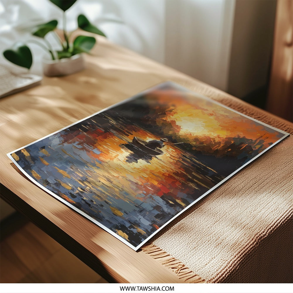 Fishing at Sunset Photographic Print, Lake Landscape Art, Impressionist Painting Style, Home Decor, Peaceful Wall Art, Fisherman Gift Idea - Tawshia