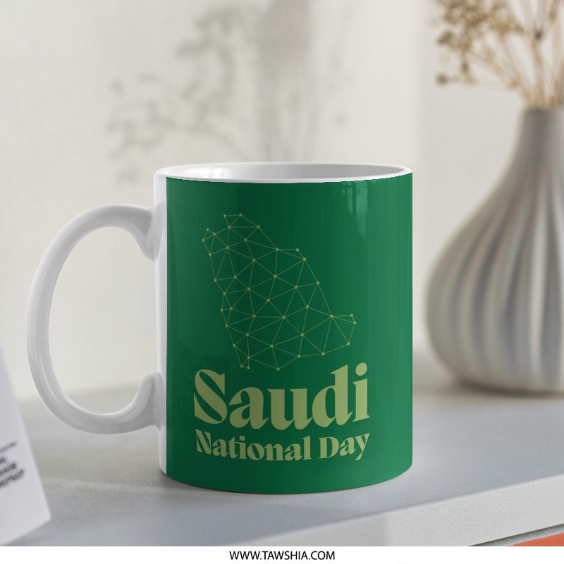 Saudi National Day Mug, Kingdom of Saudi Arabia Map, Celebration, Gift, Unique Design, Green, Coffee Mug, Tea Mug, Office Mug - Tawshia