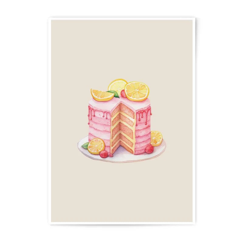 Pink Lemon Cake Photographic Prints, Watercolor Cake Slice Art, Foodie Wall Decor, Kitchen Art Prints, Bakery Illustration - Tawshia