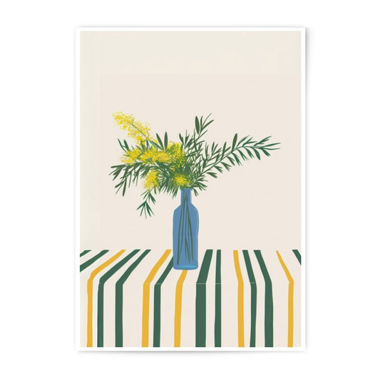 Mimosa Photographic Print, Floral Art, Flower Photography, Botanical Still Life, Modern Home Decor, Striped Table, Blue Vase, Fine Art Print - Tawshia