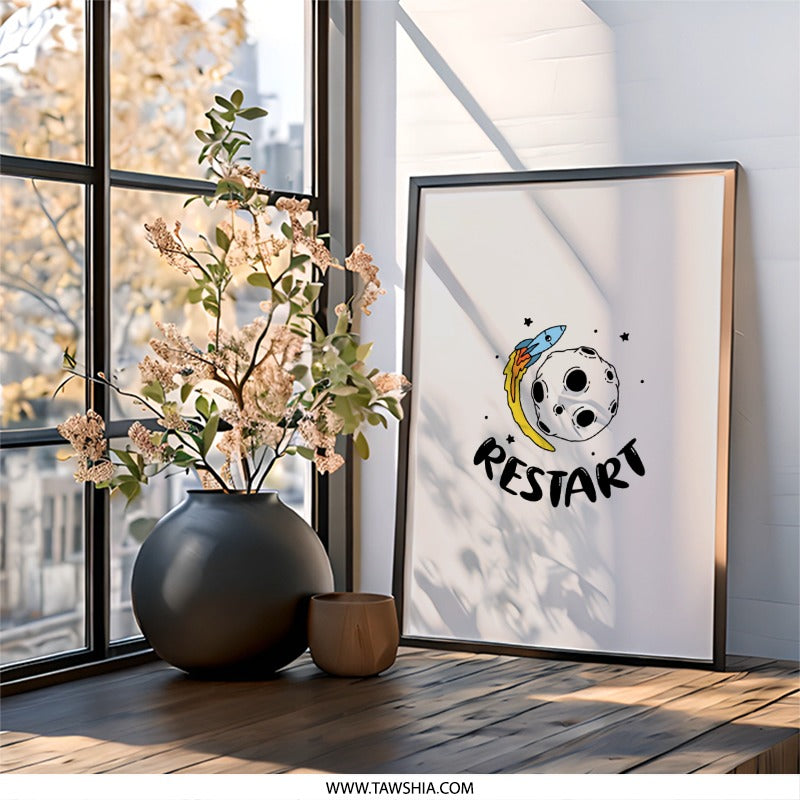 Restart Wall Art, Rocket Wall Decor, Space Wall Print, Inspirational Quote, Kids Room Art, Outer Space Theme, Playroom Decor - Tawshia