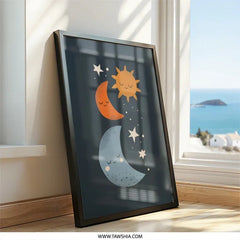 Celestial Wall Art, Moon and Sun Print, Nursery Decor, Star Wall Hanging, Kids Room Art, Baby Shower Gift, Cute Sleeping Faces - Tawshia