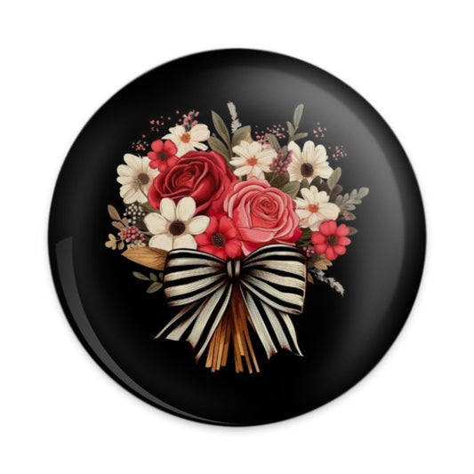 Floral Bouquet Pinback Button, Rose Pin, Flower Accessory, Striped Bow, Elegant Button, Unique Gift Idea, Trendy Button - Tawshia
