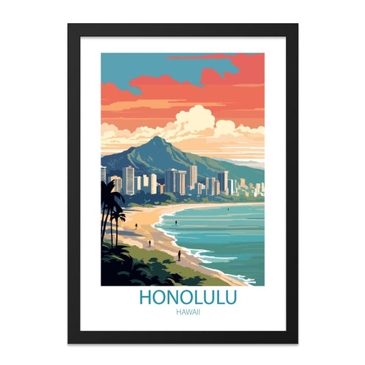 Honolulu Hawaii Wall Art, Beach Cityscape Print, Tropical Island Decor, Modern Travel Poster, Vacation Home Gift, Hawaii Artwork - Tawshia