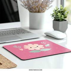 Cute Flower Mouse Pad, Smiling Floral Art, Pink Hearts, Whimsical Desk Decor, Kawaii Mousepad, Office Accessories, Computer Gift - Tawshia