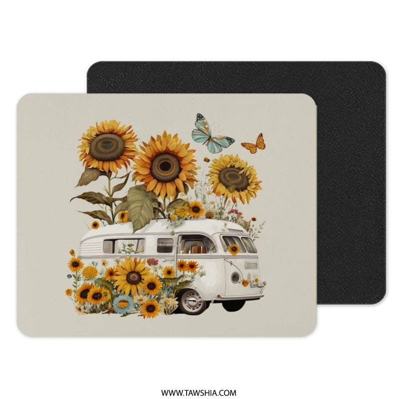 Sunflower VW Bus Mouse Pad, Floral Camper Van Desk Decor, Butterflies Boho Office Gift, Hippie Van Computer Accessory, Desk Mat - Tawshia