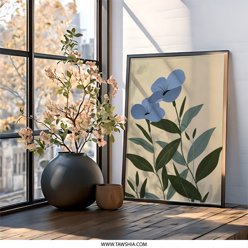 Blue Flax Flowers Wall Art, Botanical Illustration Print, Modern Floral Wall Decor, Nature Inspired Art, Elegant Flower Artwork - Tawshia