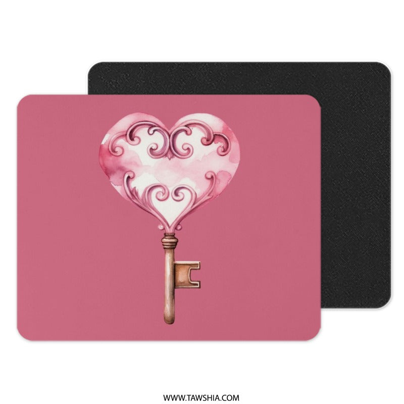 Heart Key Mouse Pad, Pink Decor, Ornate Design, Cute Mousepad, Home Office Accessory, Desk Mat, Gift for Her, Valentine's Day Gift - Tawshia