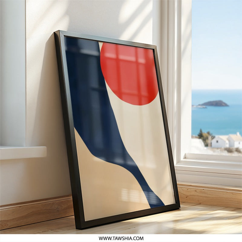 Abstract Wall Art, Red Sun Print, Navy Blue Shapes, Modern Art Decor, Geometric Art, Minimalist Art Print, Home Decor Wall Art - Tawshia