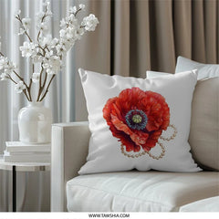 Red Poppy Pillow, Floral Throw Pillow, Elegant Home Decor, Botanical Accent Pillow, Flower Decorative Pillow, Pearl Embellished Pillow - Tawshia