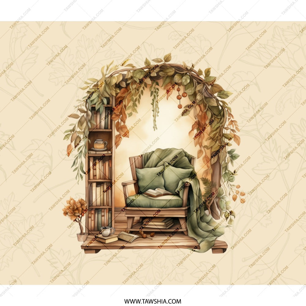 Cozy Reading Nook BackPack, Autumn Leaves Design, Book Lover Gift, Stylish Bookcase Art, Comfortable Chair Scene, School Bag - Tawshia