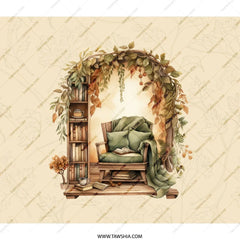 Cozy Reading Nook BackPack, Autumn Leaves Design, Book Lover Gift, Stylish Bookcase Art, Comfortable Chair Scene, School Bag - Tawshia