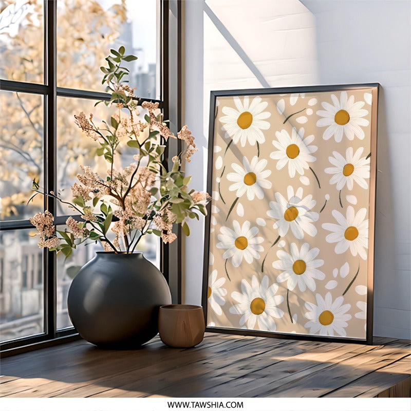 Daisy Wall Art, Floral Print, Beige Background, Modern Art, Flower Illustration, Botanical Decor, Living Room Art, Home Decor, Gift Idea - Tawshia