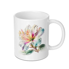 White Hibiscus Flower Mug, Floral Art Coffee Cup, Watercolor Botanical Mug, Colorful Blossom Tea Mug, Unique Flower Gift, Art Lover Gift - Tawshia