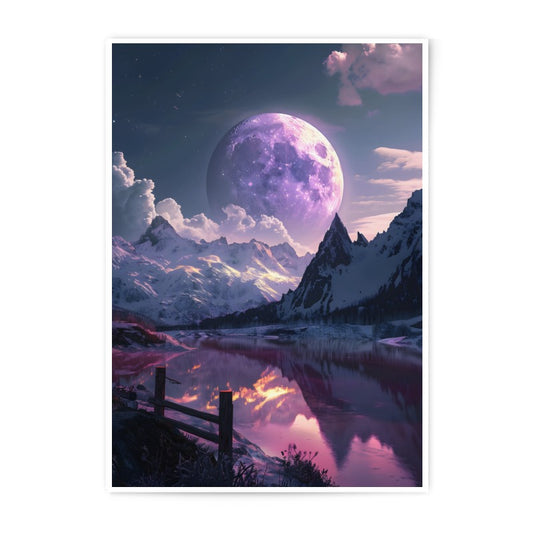 Lunar Landscape Photographic Print, Mountain Reflection Art, Fantasy Moon Decor, Unique Wall Art, Purple Celestial Photography - Tawshia