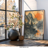 Japanese Landscape Wall Art, Sunset Mountain Print, Asian Inspired Home Decor, Peaceful Scenery Painting, Minimalist Art, Nature Poster - Tawshia
