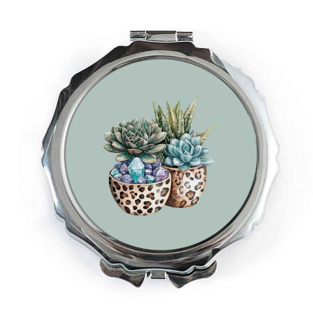 Succulent Pocket Mirror, Leopard Planter Mirror, Crystal Succulents, Cute Compact Mirror, Botanical Gifts, Plant Lover Gift - Tawshia