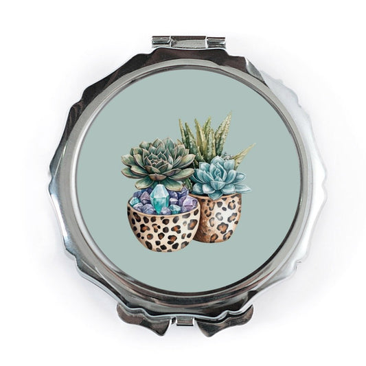 Succulent Pocket Mirror, Leopard Planter Mirror, Crystal Succulents, Cute Compact Mirror, Botanical Gifts, Plant Lover Gift - Tawshia