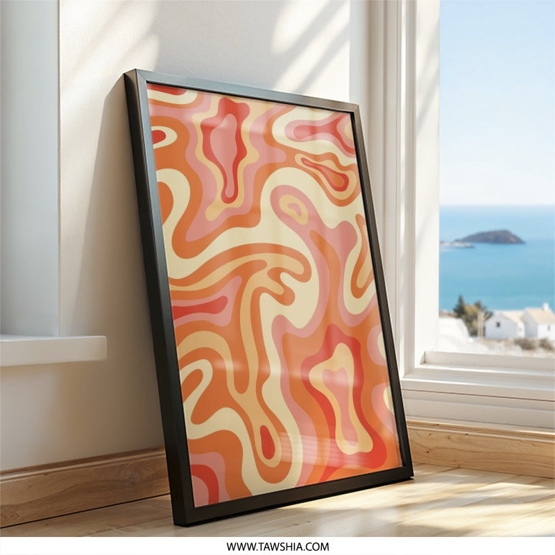 Retro Swirl Wall Art, 70s Inspired Print, Abstract Groovy Decor, Orange Cream Wave Poster, Trendy Home Art, Funky Aesthetic Room Decor - Tawshia