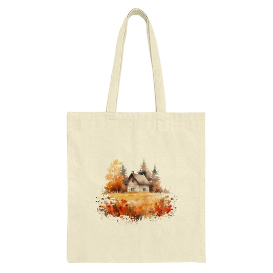Watercolor Cottage Tote Bag, Rustic Landscape Bag, Autumn Scenery Tote, Country House Tote Bag, Fall Colors Tote - Tawshia