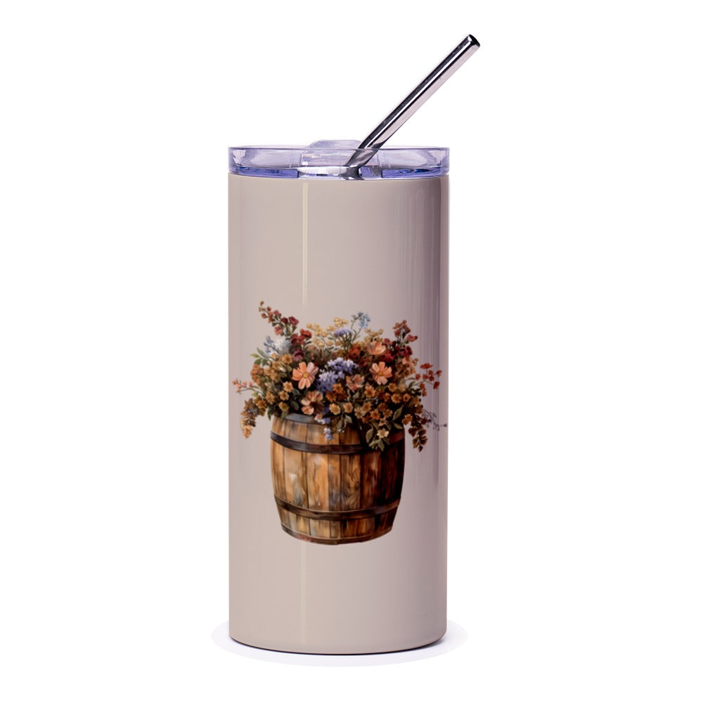Barrel of Flowers Tumbler, Floral Arrangement Cup, Unique Drinkware, Rustic Charm Gift, Botanical Insulated Tumbler, Artistic Travel Mug - Tawshia