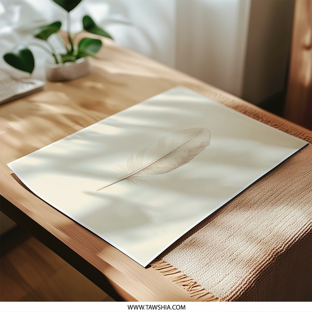 Feather Photographic Print, Minimalist Art, Neutral Wall Decor, Modern Home, Light Academia, Boho Chic Feather Print, Beige Feather Art - Tawshia