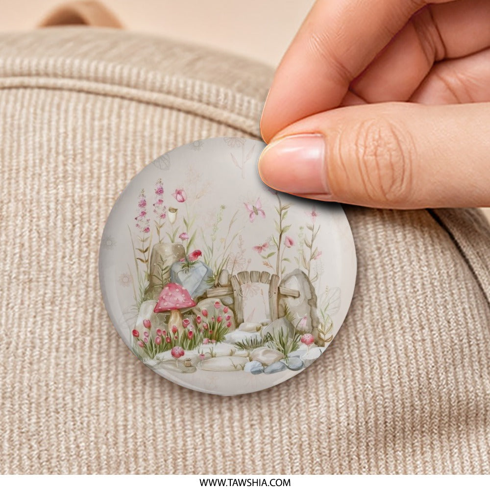 Fairy Garden Pinback Button, Pink Flowers, Mushroom, Whimsical Scene, Cute Button, Nature Inspired, Backpack Accessories, Gift Idea - Tawshia