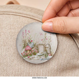 Fairy Garden Pinback Button, Pink Flowers, Mushroom, Whimsical Scene, Cute Button, Nature Inspired, Backpack Accessories, Gift Idea - Tawshia